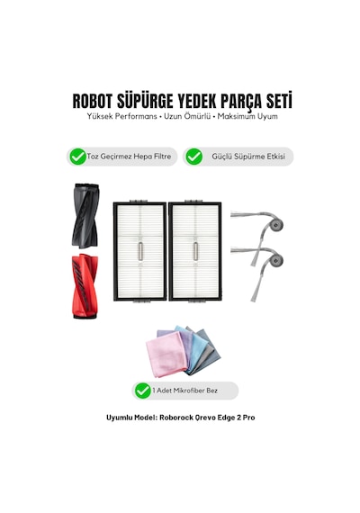 Roborock Qrevo Edge 2 Pro İle Uyumlu 1 Ana Fırça 2 Yan Fırça 2 Filtre 1 Temizlik Bezi 11.0
