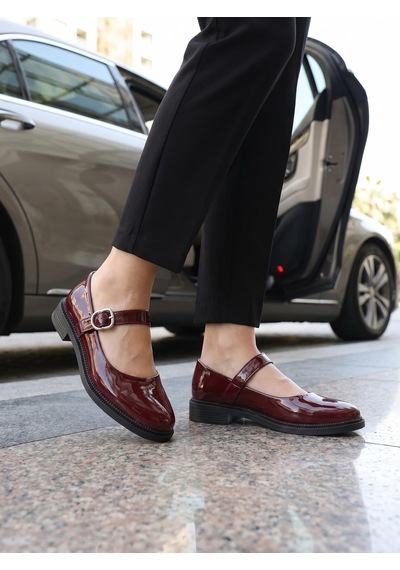 Nesilshoes Nesil Shoes Süha 250 Bordo Rugan Tokalı Balerin Kadın Babet