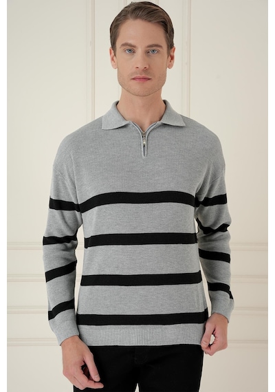 Efor Slim Fit Çizgili Fermuarlı Polo Yaka Gri Triko Kazak Tr 877 Gri