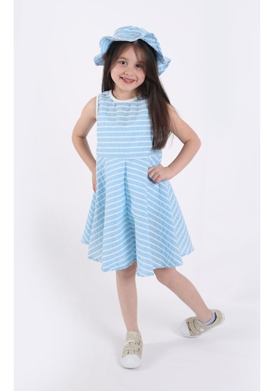 Aden Kids Kız Çocuk Çizgili Yazlık Elbise Ve Şapka Takımı - 2'li Set 4-12 Yaş Mavi