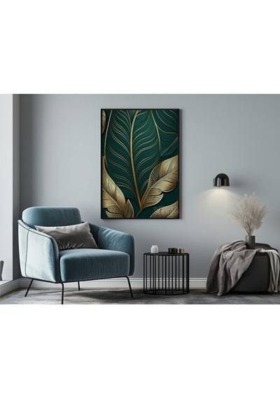 Tablo Ahşap Çerçeveli Tablo Çerçeveli Poster Altın Ve Yeşil Yapraklı Tablo, Çiçek Temalı Tablo