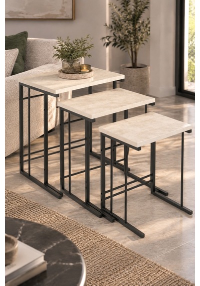 Sulorahome 3'lü Ekru Zigon Sehpa Seti Traverten Desenli Metal Ayaklı