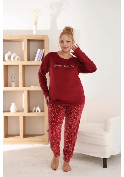 Pijamoni Kadın Büyük Beden Yumuşak Kadife Vişne Pijama Takımı Vişne