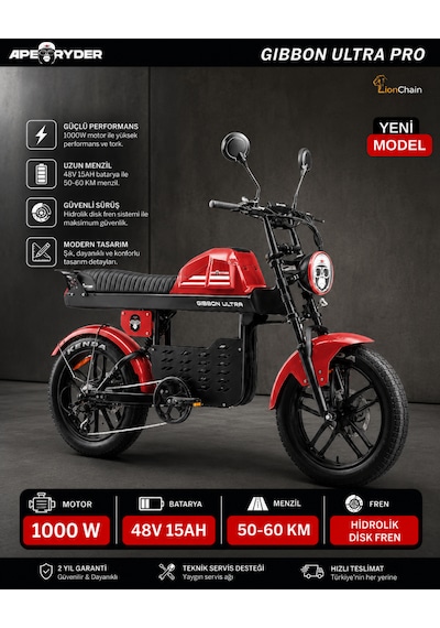Ape Ryder Gibbon Ultra Pro 1000w Elektrikli Bisiklet Kırmızı Ayna ve El gazı