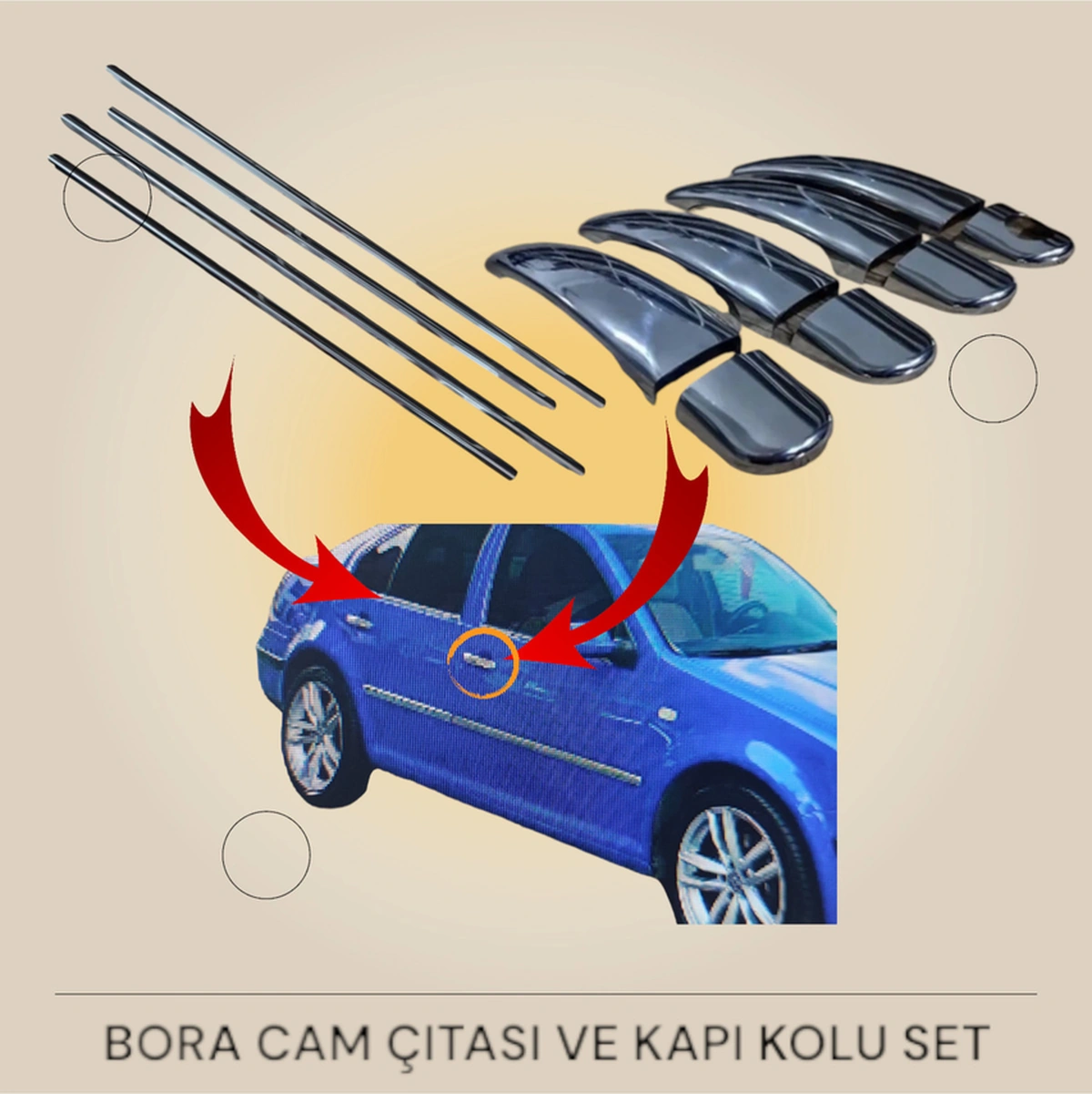 Ueskrom Volkswagen Bora Kapı Kolu Krom Ve Cam Çıtası Krom Aksesuar Seti Paslanmaz Çelik