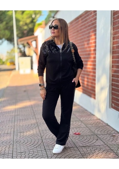 Defymoda Kadın Iki Iplik Kumaş Pul Ve Fermuar Detaylı Ikili Takım Siyah