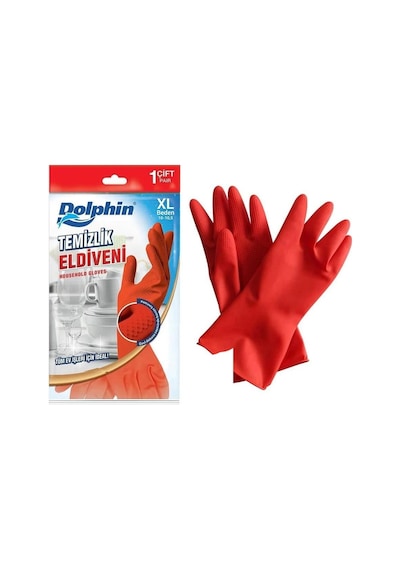 Dolphin Lateks Bulaşık Temizlik Eldiveni - Kırmızı - Xl - No : 10 - 5 Çift - Paket