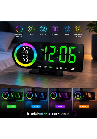 Akıllı Dijital Neon Led Li Başucu Saati - Masa Saati - Neon Renkli, Modern Ve Fonksiyonel Alarm - Erteleme -nem Gö