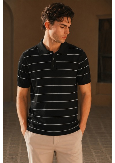 Tarz Cool Erkek Old Money Çizgili Polo Yaka Triko Tişört Slim Fit Siyah