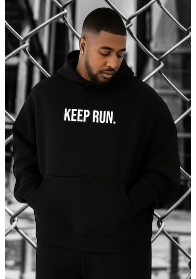 Benroma 3 İplik Penye Keep Run Baskılı Büyük Beden Sweatshırt Siyah