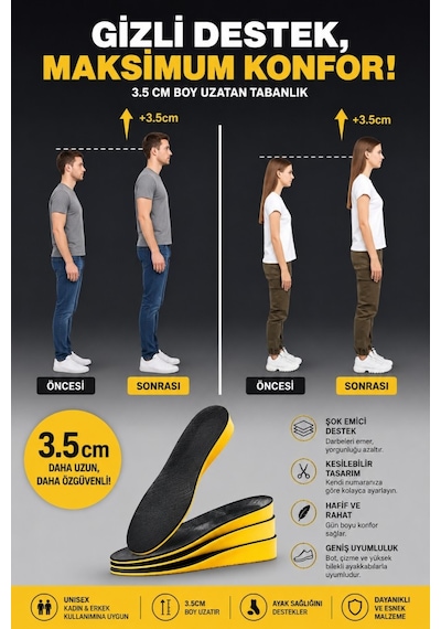 3.5 Cm Gizli Boy Uzatıcı Tamboy Tabanlık - Şok Emici Konforlu Ortopedik Ayakkabı Pedi