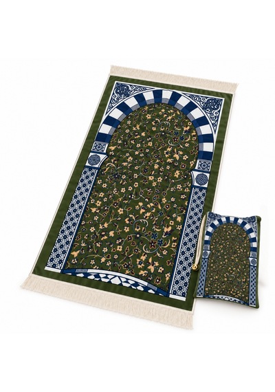 Taşınabilir Çantalı Ravza Desenli Yeşil Seyahat Seccadesi 75x125