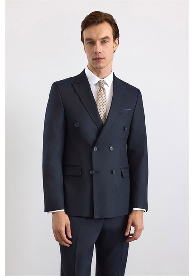 Süvari Lacivert Slim Kruvaze Yaka Düz Pike Torba Cep Yıkamalı 6 Drop Takım Elbise Tk1006900397-m09