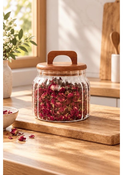 Atbyhome Akasya Kapaklı Çizgili Borosilikat Cam Kavanoz 850 Ml - Vakumlu Büyük Boy Erzak Bakliyat Saklama Kabı