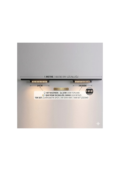 2'li Magnet Ray Spot Seti 20w - 1 Metre Siyah Ray - 3000k Gün Işığı,2x 20w Magnet Ray Spot & 1 Metre Siyah Ray Aydınlatma Seti Diğer 2'li Magnet Ray Spot Seti 20w - 1 Metre Siyah Ray - 3000k Gün Işığı,2x 20w Magnet Ray Spot & 1 Metre Siyah Ray Aydınlatma Seti Diğer