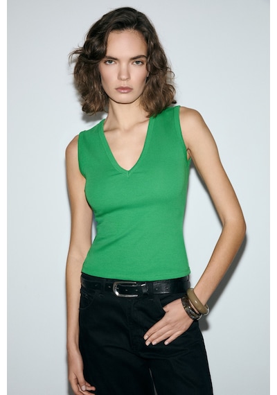 Grimelange Lescosa Kadın Slim V Yaka Kolsuz Yeşil T-shirt Yeşil