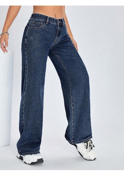 Straight Kadın Denim Pantolon Koyu Yıkamalı Mavi