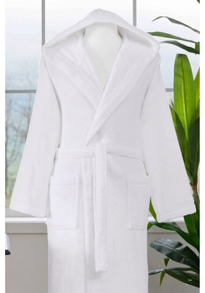 Super Soft Kapüşonlu Bornoz + Baş Havlusu- Beyaz