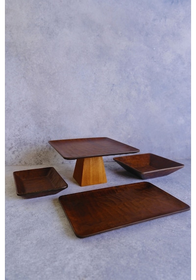 Justwood 4 Lü Ligna Ahşap Rölyefli Dikdörtgen Sunum Seti 22 Piramit, 16x26, 18x18, 12,5x17 Cm Servis Seti Koyu Kahverengi