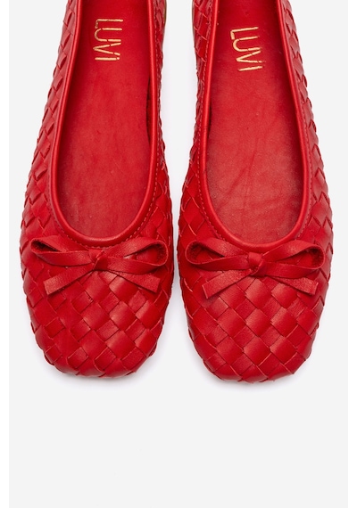 Luvishoes Garen Kırmızı Örgü Hakiki Deri Fiyonklu Kadın Babet Ayakkabı