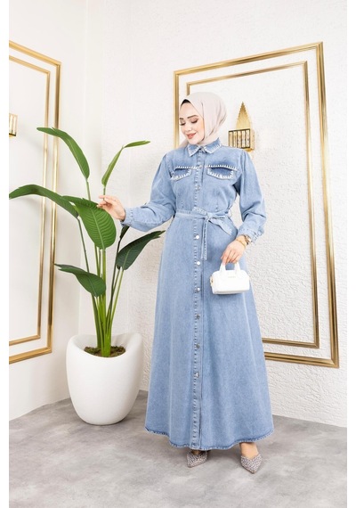 Harman Butik Kadın Cep Detaylı Denim Kot Elbise Mavi Mavi