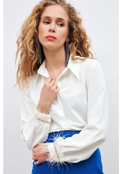 Sateen Manşeti Tüy Detaylı Bayan Gömlek 3075-2023 001