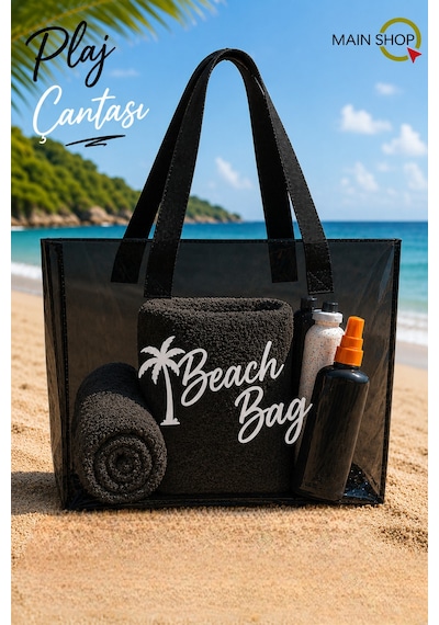 Mainshop Siyah Şeffaf Beach Bag Kadın Plaj Çantası Büyük Hacimli M-plj01