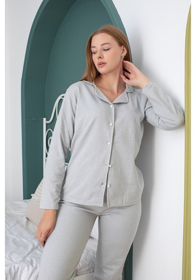Kadın Gri Gömlek Yaka Düğmeli Pijama Takım Gri