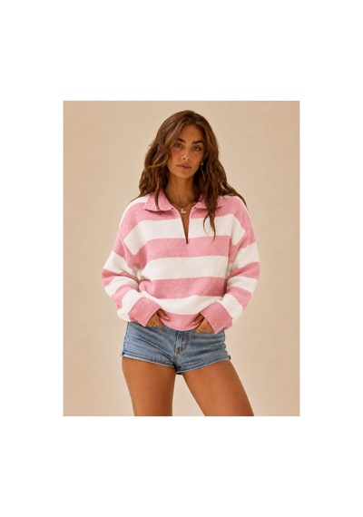 Nimas Kadın Polo Yaka Çizgili Triko Kazak Pembe - 910297882 Pembe