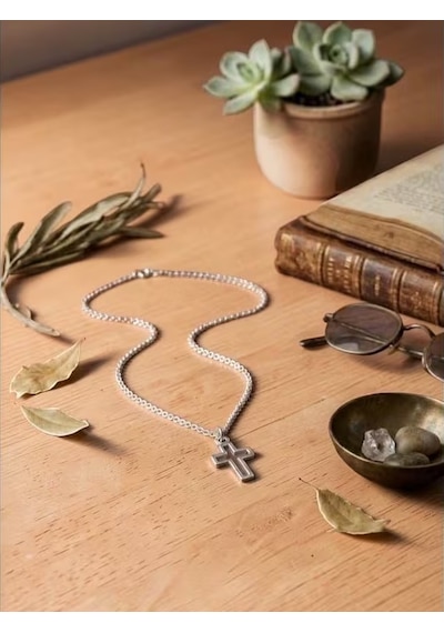 Unisex Gümüş Haç Kolye Minimalist Çelik Zincirli Erkek & Kadın Şık Cross Necklace Trend Aksesuar H002