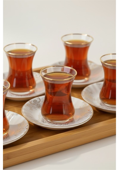 6 Kişilik Emboss Lüks Desen Porselen Altın Yaldızlı Çay Takımı 12 Parça Beyaz
