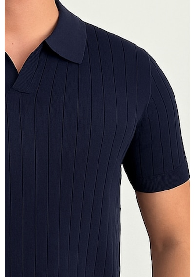 Tarz Cool Erkek Mat Lacivert Slim Fit Fitilli Polo Yaka Triko T-shirt Mat Lacivert