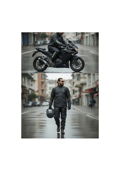 Thfabric %100 Su Geçirmez Garantili Motorcu Yağmurluk - Mont Pantolon Takım - Ayarlanabilir Lastikli Paça Siyah