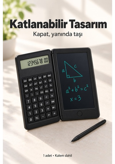 Katlanabilir Bilimsel Hesap Makinesi Silinebilir Lcd Yazı Tabletli Siyah