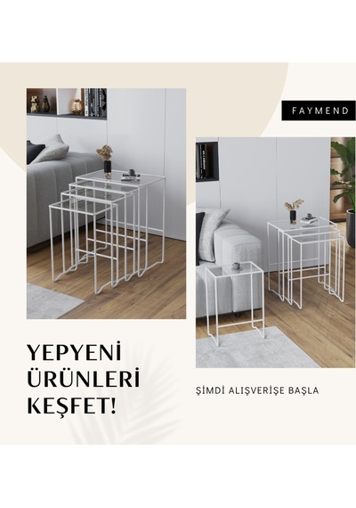 Faymend Mimoza 4 Lü Zigon Sehpa, Metal Sehpa, Cam Sehpa ' Beyaz - Şaffaf' Beyaz - Şeffaf Cam