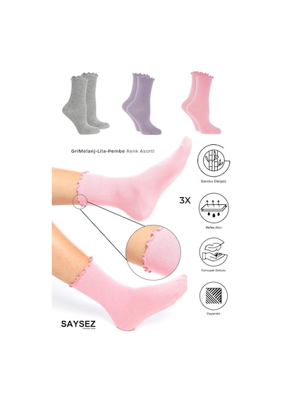 Saysez Bambu Kadın Lastiksiz Pembe-lila-gri Fırfırlı Soket Dikişsiz Çorap 3'lü Paket / Iz Bırakmaz Sıkmaz Renkli