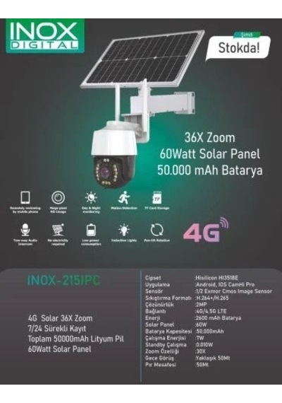İnox 215 Solar Güneş Panelli Kamera 250 Metre Görüş Mesafeli