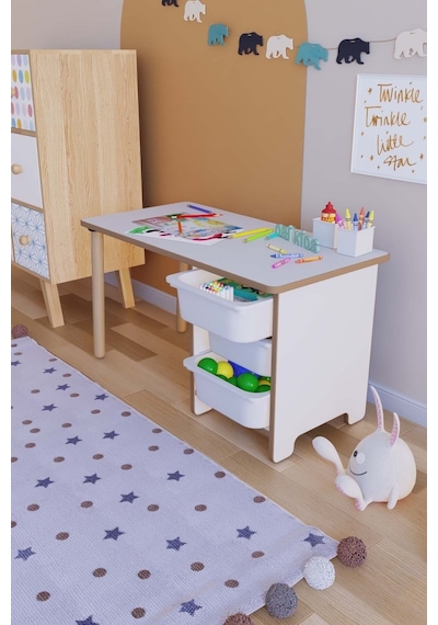 Oyun & Aktivite Masası 90x45 Cm Oyuncak Dolabı 3 Sepetli Çocuk Çalışma Masası Oyun Masası - Beyaz Çok Renkli