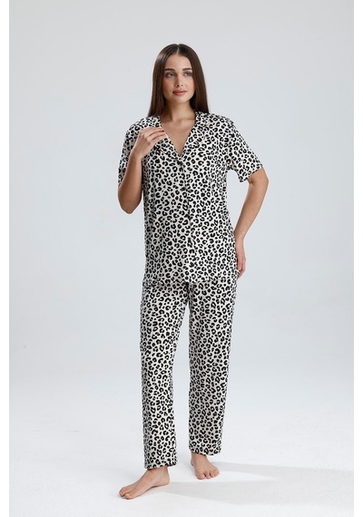 Kompedan Kadın Leopar Desen Önden Düğmeli Pijama Takım LEOPAR