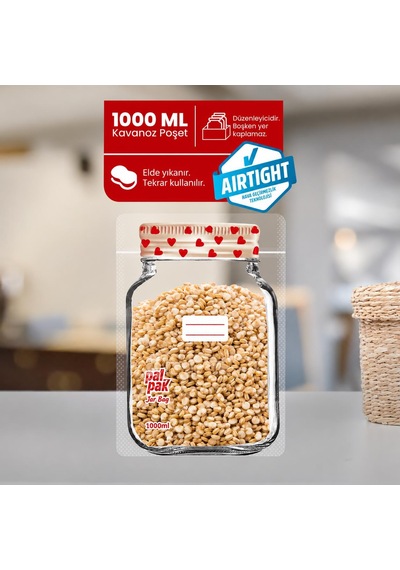 Kalp Desenli Büyük Boy Kavanoz Görünümlü Kilitli Doypack Saklama Poşeti 17x27cm - 1000ml 10 Adet