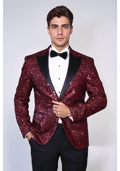 Pul Desenli Bordo Damatlık Ceket - Wessi Burgundy