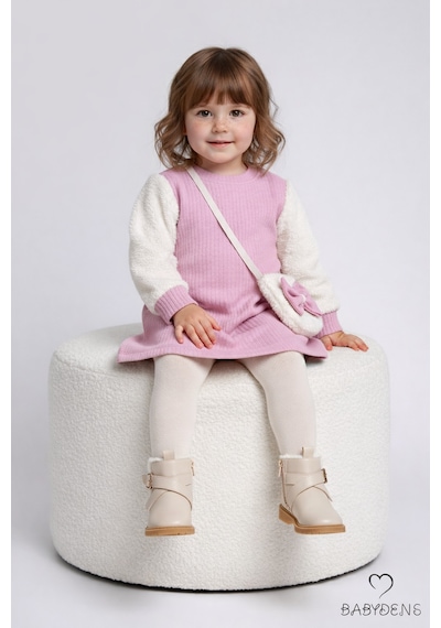 Babyden's Bayramlık Şık Ve Rahat Kız Bebek Elbise Çantalı Yumuşak Peluş Kollu Kışlık Çocuk Kombini Pembe