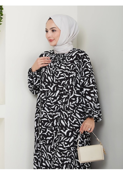 Nevayla Moda Desenli Önü Büzgülü Viskon Elbise - Siyah / E0131 Siyah