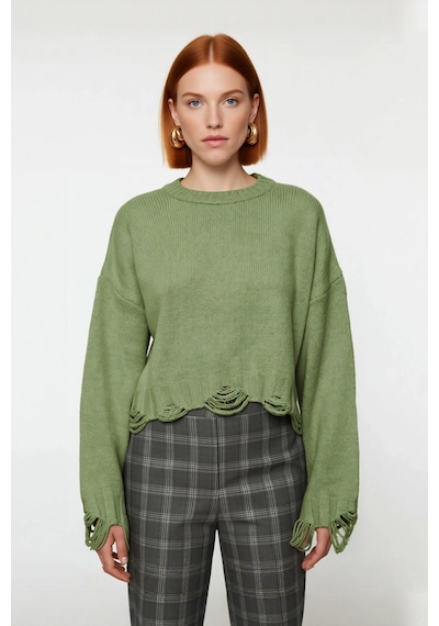 Ersefa Kadın Casual Crop Oversize Bisiklet Yaka Triko Kazak Düşük Kol Ak Haki