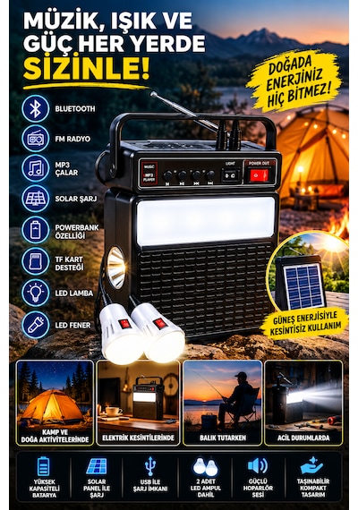 2730sl Solar Şarjlı Bluetooth Hoparlör Fm Radyo Usb/tf Kart Led Fener Kamp Lambası Powerbank