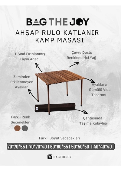 Bag The Joy 60 x 60 x 55 CM Ahşap Katlanır Kamp Masası - Kahverengi