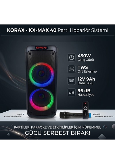 Korax Kx-max 40 450w Akülü Taşınabilir Parti Hoparlörü - Kablosuz Mikrofonlu, Tws, Led Işıklı Karaoke Ses Sistemi