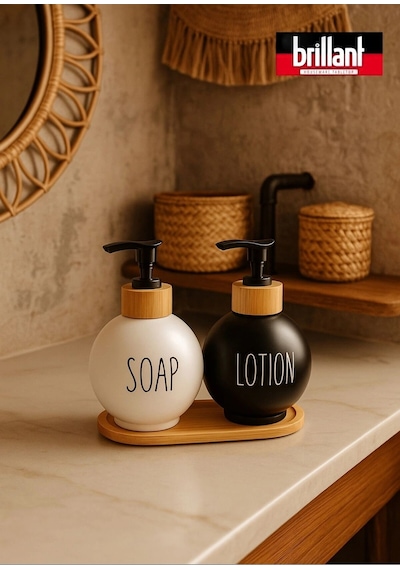 Lüks Tasarım Bambu Standlı 2'li Banyo Sabunluk Seti - Siyah & Beyaz Çok Renkli
