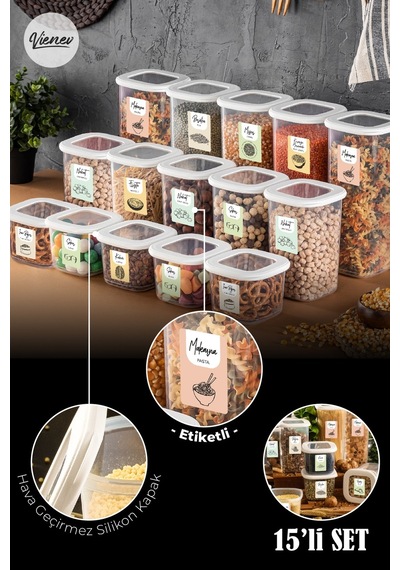 Vienev Renkli Etiketli Kare Erzak Saklama Kabı Beyaz 15'li Çok Renkli