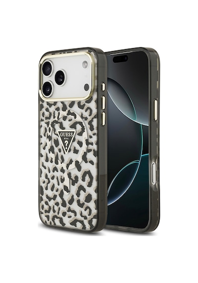 Apple iPhone Uyumlu 18 Pro Max Kılıf Guess Lisanslı M-safeli Üçgen Logolu Simli Leopar Desenli Kapak Siyah